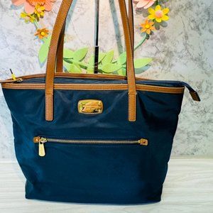 Michael Kors MK Kempton Blue Nylon Saffiano Large Leather Satchel Tote Bag